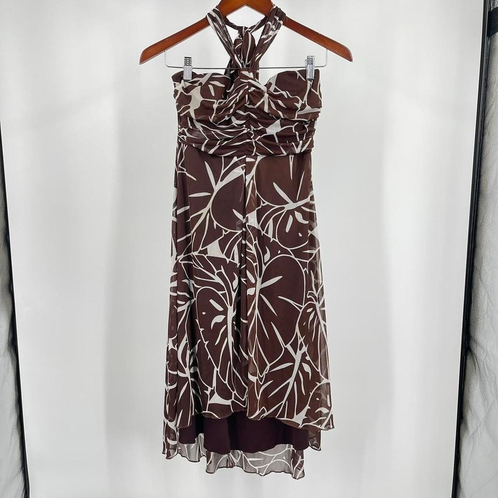 Vintage Y2K City Triangles Tropical Halter Dress Large Beachy Summer Flowy Brown